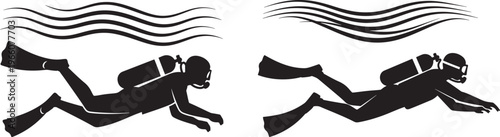 Two black silhouettes of scuba divers swimming underwater with fins and oxygen tanks, beneath wavy lines representing the surface.