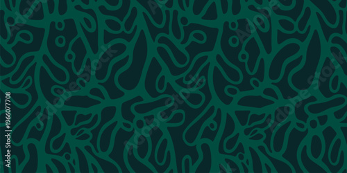Vector abstract seamless pattern. Funky groovy texture with organic shapes, botanical elements, cellular structures, liquid lines. Simple dark green background. All-over design for print, wallpapers