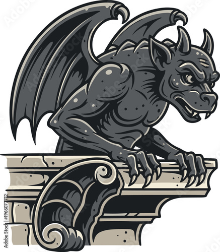 A gargoyle statue perches on a stone corbel against a white background