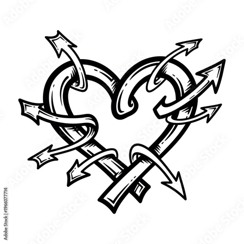 Stylized heart shape with arrows tangled around it, representing complex emotions and directions.