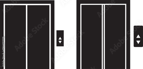 A black and white illustration of two closed elevator doors with up and down call buttons