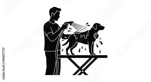 A man is washing a dog with a hose depicted in a striking black and white silhouette high quality professional detailed