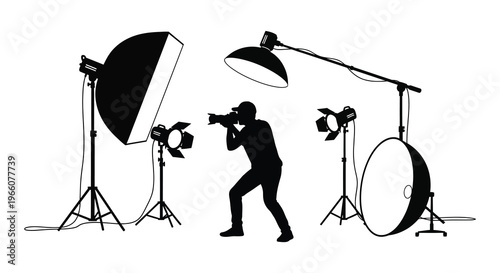 A photographer operates studio lighting equipment including softboxes and reflectors depicted as a striking silhouette high quality professional detailed modern elegant