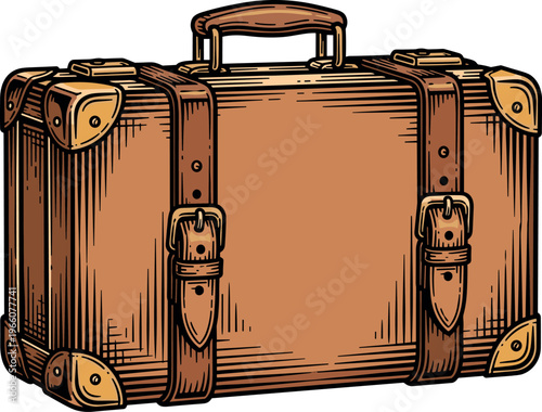 A vintage brown leather suitcase with metal hardware and buckles