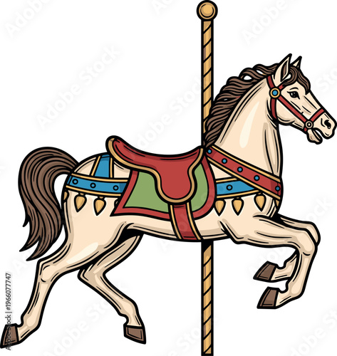 A colorful illustration of a white carousel horse on a pole