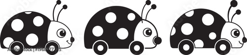 Three cute cartoon ladybug cars in a row, black and white illustration for coloring or design
