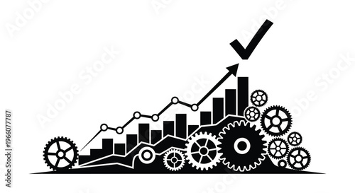 A black silhouette depicts growth fueled by mechanical gears and charting symbolizing progress and innovation high quality professional detailed modern elegant