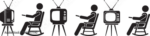 Black and white illustration of people sitting in rocking chairs watching vintage television sets