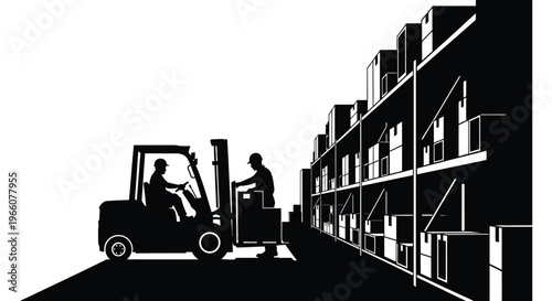 A stark black and white image depicts a forklift and worker in a warehouse setting rendered as a silhouette high quality