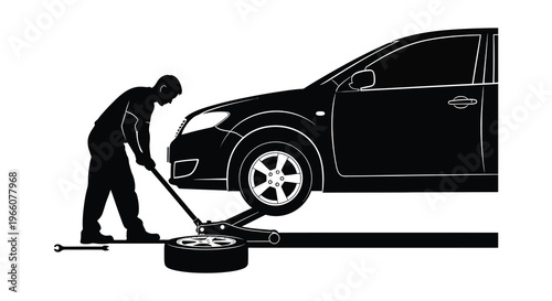 A man changes a car tire on the roadside utilizing tools and a jack presented as a silhouette high quality professional