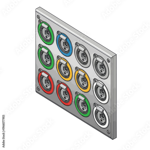 Industrial Electrical Panel with Multiple Colorful Sockets.