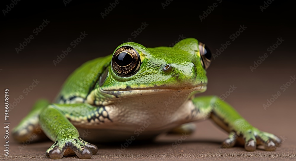 Fototapeta premium A green frog with big eyes sitting on a brown surface looking to the right