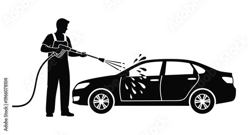 A black silhouette depicts a person pressure washing a modern sedan highlighting automotive cleaning services silhouette high quality professional detailed elegant