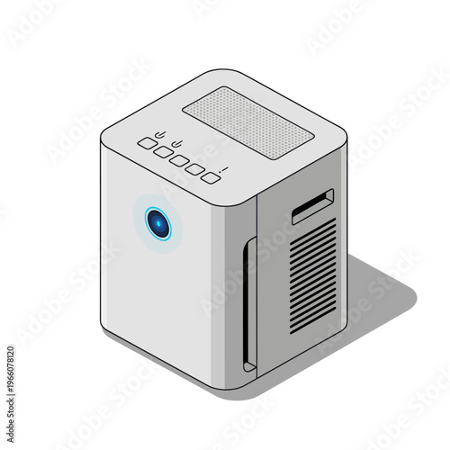 Isometric View of a Modern White Cube-Shaped Air Purifier with Blue Light.