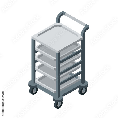 Isometric view of a multi-shelf utility cart with wheels.