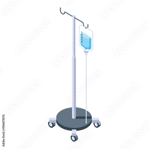 Medical IV Drip Stand with Fluid Bag Isometric Illustration.