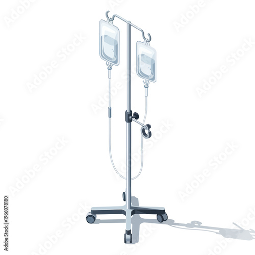 Medical IV Drip Stand with Two Fluid Bags on White Background.