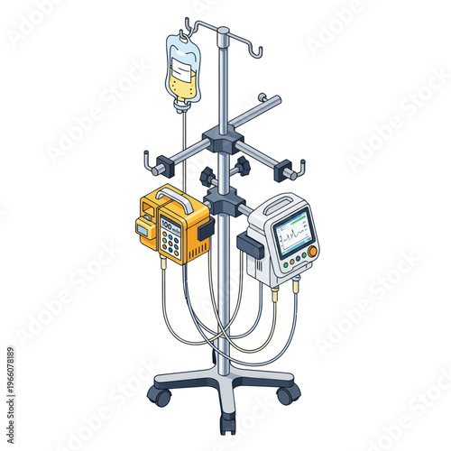 Medical IV Pole with Infusion Pumps and IV Bag.