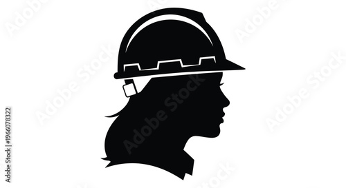A striking black silhouette depicts a woman wearing a hard hat representing workplace safety and female empowerment silhouette high quality professional