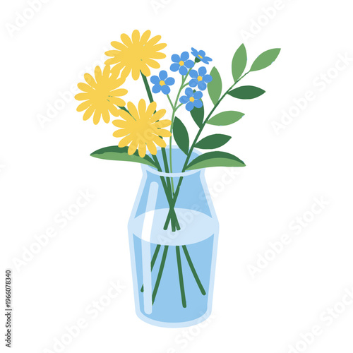 Vibrant Dandelions and Forget-Me-Nots in a Clear Glass Vase.