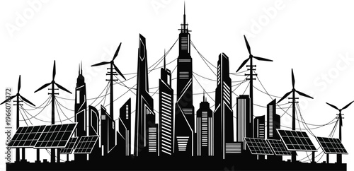 Sustainable smart city silhouette with wind turbines and solar energy panels