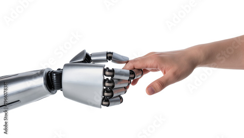 Photography Human hand touching robot hand, isolated on transparent background