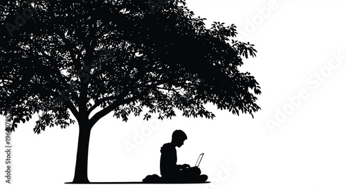 A person sits beneath a large tree focused on a laptop creating a striking visual silhouette high quality professional detailed modern