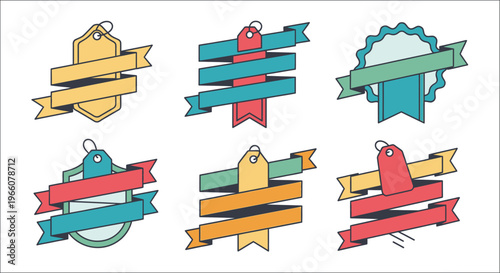 Collection of colorful ribbon banners and price tags in various shapes