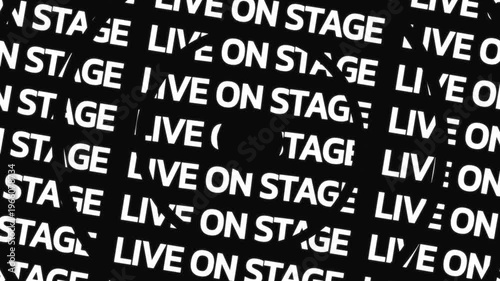 Rotating circular text animation displaying live on stage phrase arranged in concentric motion with central empty space for overlay content.