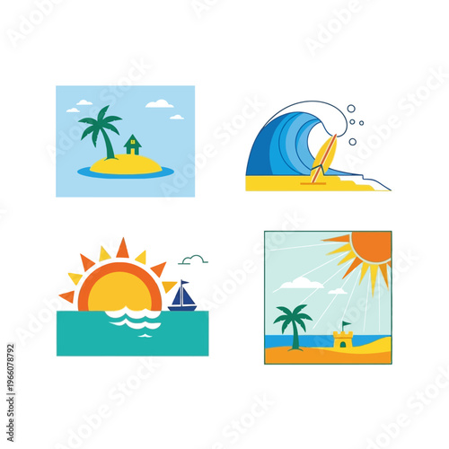 Summer Beach Scenes: Island, Wave, Sunset, Sandcastle - Vector Icons