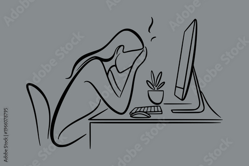Line art of a person overwhelmed at a desk with computer on grey background, concept of stress and burnout