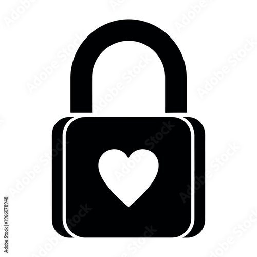 Black and White Padlock Icon with Heart Symbol for Love and Security