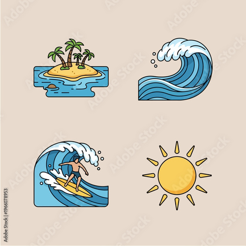 Tropical Island, Surfing Wave, Surfer, and Sun Icons Set