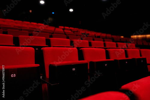 Empty red theater seats filling dark auditorium