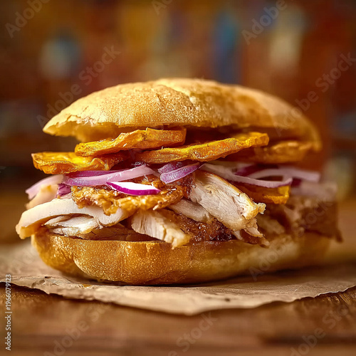 imagen hiper realistic de un sandwhich peruano de chicha 