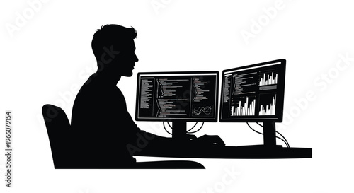 A solitary figure intensely focused on coding at two computer screens depicted in striking contrast as a silhouette high quality professional