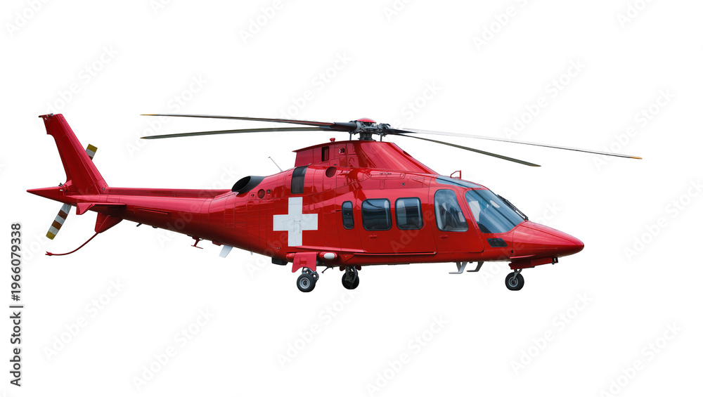 Fototapeta premium Red emergency helicopter with white cross and rotors, isolated on transparent background