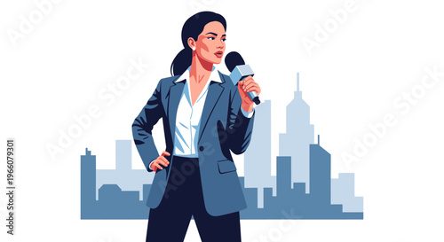 Businesswoman Holding Microphone Speaking Confidently.