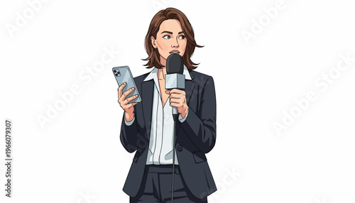 Businesswoman Holding Microphone and Smartphone.