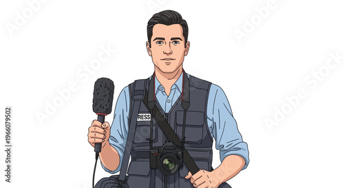 Man holding microphone and camera equipment.