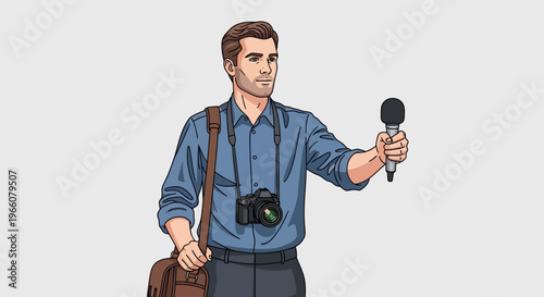 Man holding microphone and camera equipment.