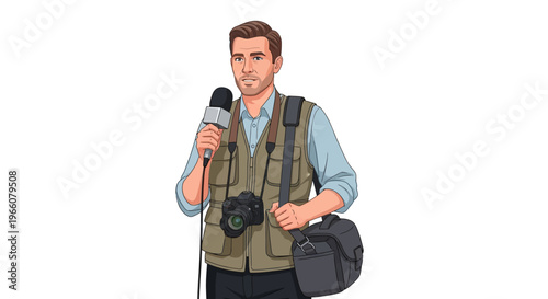 Man holding microphone and camera equipment.