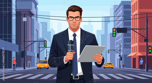 Man in suit holding microphone papers.