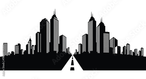 A striking black and white cityscape view down a central road emphasizing urban architecture as a silhouette high quality professional detailed modern elegant