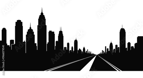 A long highway stretches towards a dark cityscape featuring iconic skyscrapers in a striking silhouette high quality professional detailed modern elegant