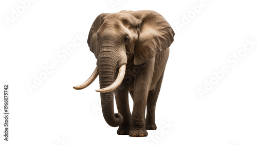 Majestic African elephant with large ears and curved ivory tusks, isolated on transparent background for wildlife designs