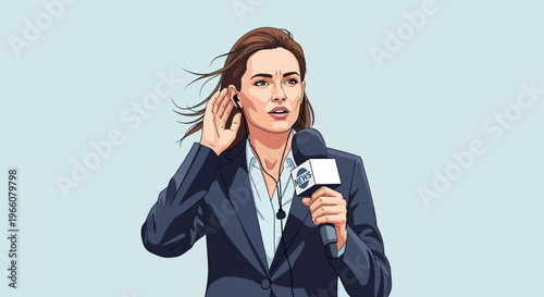 Woman Holding Microphone and Adjusting Earpiece.