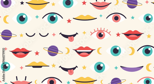 Whimsical Cosmic Eyes and Lips Pattern: Fun, Playful, and Mysterious