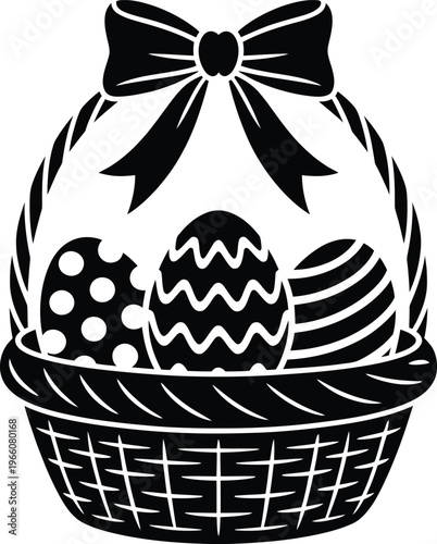 Easter basket with three decorated eggs and a bow on top, vector illustration