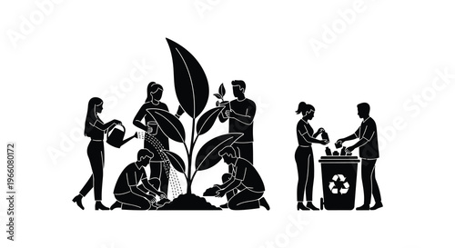 A group of people gardening and tending to a young tree depicted in a striking black silhouette high quality professional detailed